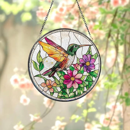 Stained Glass Window Hanging Sun Catcher 7.8 in, Hummingbird Suncatcher for Window, Colorful Round Glass Panel Art Ornament Ready to Hang, Indoor Home Garden Decor Gift for Women