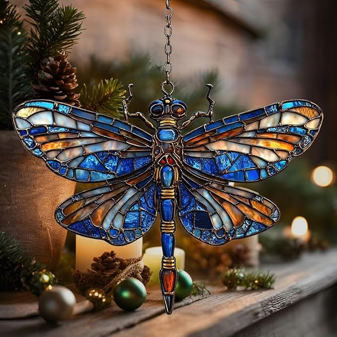 Vivid Dragonfly Mosaic Art Decor Acrylic Suncatcher Stained Glass Effect Window Car Hanging Christmas Ornament Indoor Outdoor Decor Garden Sun Catcher Panel for Dragonfly Lover for Women Mom Grandma
