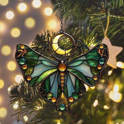 Cresent Moon Luna Moth Acrylic Suncatcher Stained Glass Effect Window Car Hanging Christmas Ornament Indoor Outdoor Decor Garden Sun Catcher Panel for Butterfly Lover for Women Mom Grandma