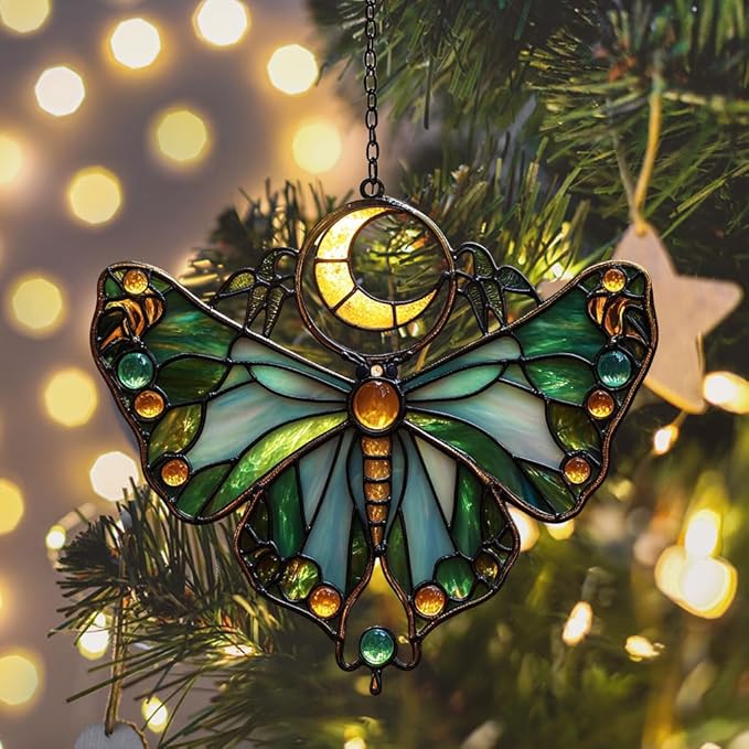 Cresent Moon Luna Moth Acrylic Suncatcher Stained Glass Effect Window Car Hanging Christmas Ornament Indoor Outdoor Decor Garden Sun Catcher Panel for Butterfly Lover for Women Mom Grandma