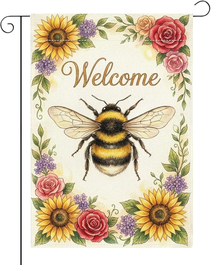 Welocome Spring Summer Bee Garden Flag Sun Flowers Floral Spring Garden Flag Decor Summer Double Sided House Flag for Outside Yard Decorations 12×18 Inch