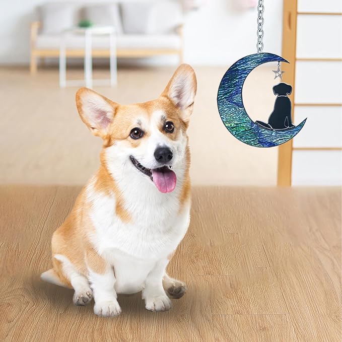 Dog Decor Stained Glass Moon Suncatchers Window Hanging, Wall Art Element Earth Tones Modern Design Home Garden Suncatcher, Dog Lovers for Halloween Decor