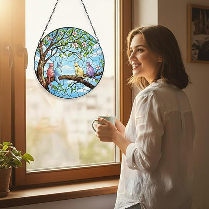 Sun Catcher Stained Glass Window Hanging, 7.8 Inch Spring Scene with 4 Cats on Branch, Hanging Ornament for Window Door Decor, Birthday Gift for Cat Lovers Women Mom Grandma
