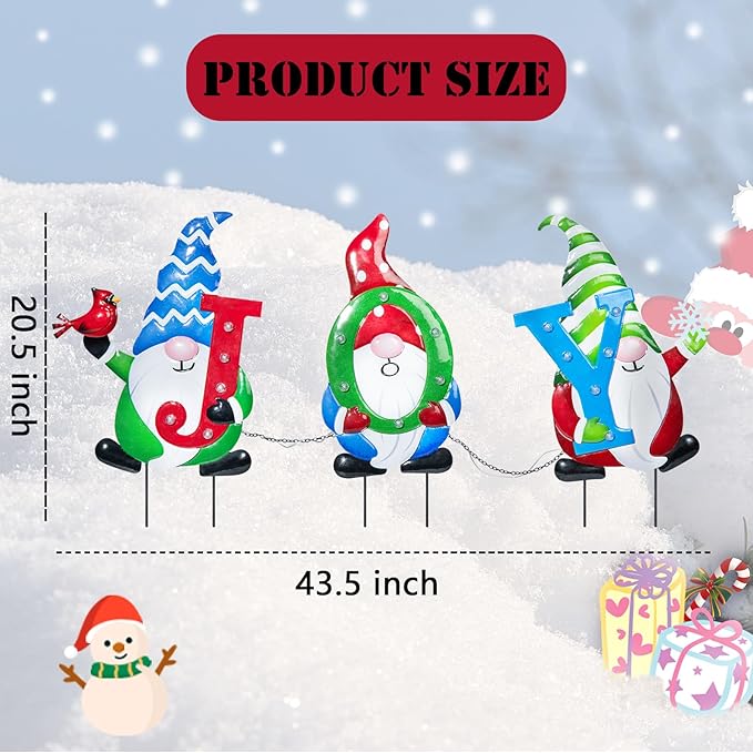 Afirst Christmas Yard Stakes Metal Christmas Outdoor Yard Decoration Gnomes Holding Joy Lighted Metal Stakes Outdoor Xmas Stake Lawn Pathway Garden Decoration