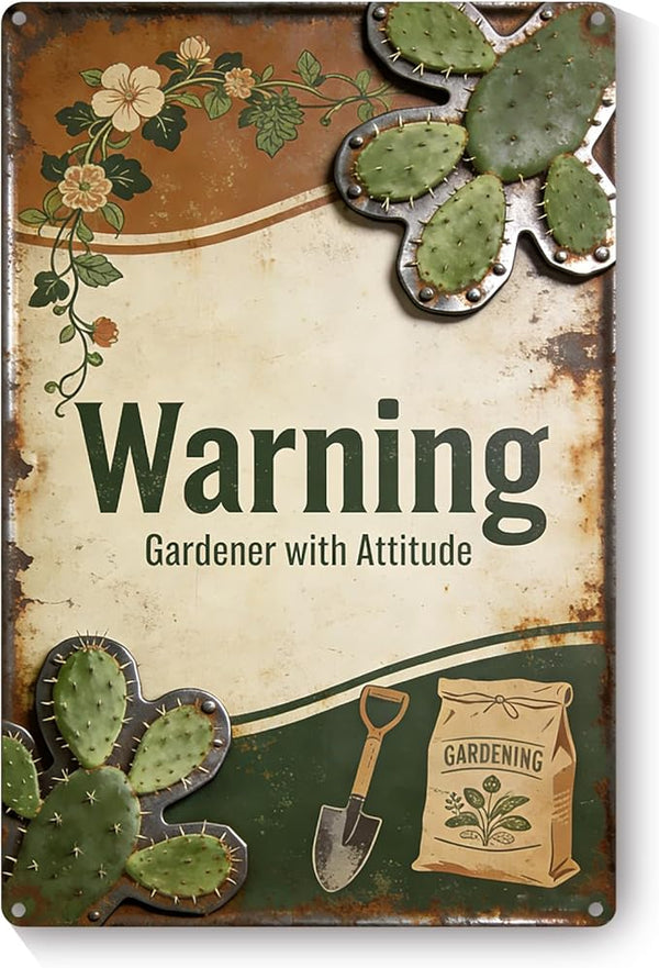 Garden Signs for Outside Warning Gardener with Attitude, 2D Flat Funny Metal Signs for Home Garden Patio Yard, Retro Gardening Gifts for Women, Wall Decor 12" x 8"