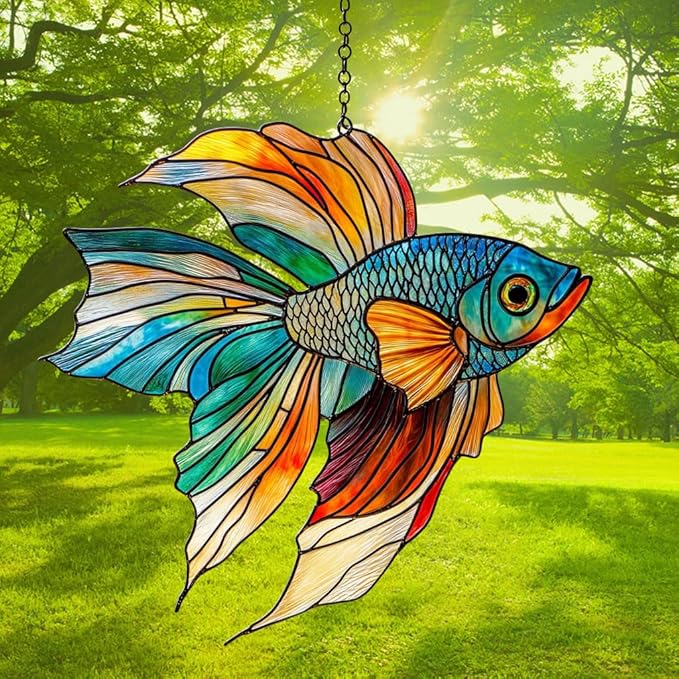 Beta Fish Acrylic Suncatcher Stained Glass Effect Window Car Hanging Christmas Ornament Indoor Outdoor Decor Garden Sun Catcher Panel for Acrylic Suncatcher Lover for Women Mom Grandma