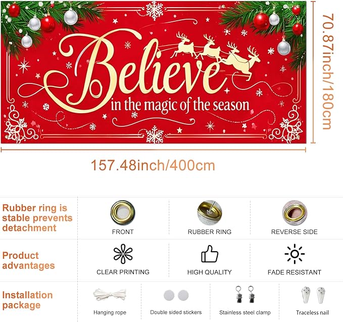 IVN Merry Christmas Happy New Year Believe Garage Door Banner 13x6 ft Christmas Garage Door Cover Wnter Scene Background Indoor Outdoor Red Snowflake Reindeer Holiday Decorations for Home and Events Wall Backdrop Decor
