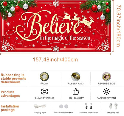 IVN Merry Christmas Happy New Year Believe Garage Door Banner 13x6 ft Christmas Garage Door Cover Wnter Scene Background Indoor Outdoor Red Snowflake Reindeer Holiday Decorations for Home and Events Wall Backdrop Decor