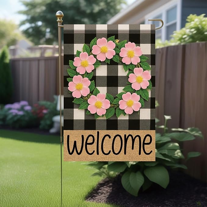 Buffalo Plaid Welcome Wreath Garden Flag Pink Wild Rose Flower Flag 12x 18 Inch Double Sided Spring Outdoor Fall Autumn Farmhouse Outdoor Small Decor for Porch Lawn Patio Yard