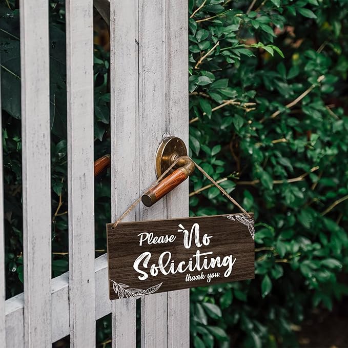 YUEXLL Rustic Please No Soliciting Plaque, 10" x 5" Wood Hanging Sign for Porch, Yard, Garden, Home, Farmhouse, Outdoor-04