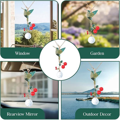 Crystal Hummingbird Sun Catcher with Rhinestones – Sparkling Prism Hanging Ornament for Window, Garden & Car Mirror, Cherry Crystal Décor and Gift for Women, Mom & Bird Lovers