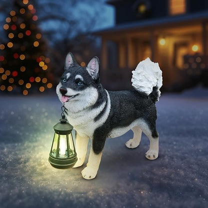 Solar Akita Garden Statue with Lantern & Double-Sided Sign - Outdoor Dog Decor for Yard, Patio, Porch - Resilient Resin Puppy Sculpture, Auto On/Off Solar Path Lights - Dog Memorial Gift