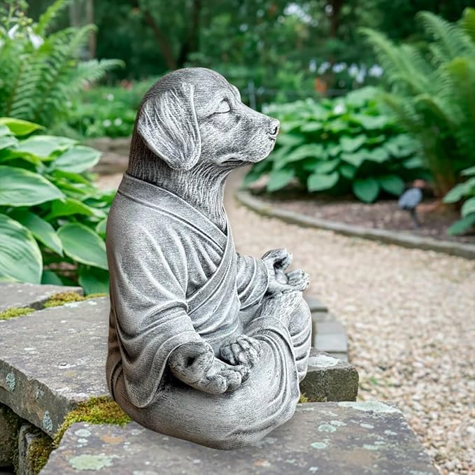 OLOMA Concrete Meditation Dog Statue Heavy Solid Stone Sculpture Weather Resistant Resin Coated Outdoor Indoor Yard Patio Accent Decor Feature Decorative Garden Accent Feature