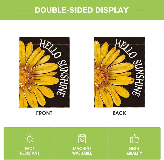 AVOIN colorlife Hello Sunshine Garden Flag 12x18 Inch Double Sided Outside, Summer Spring Floral Yellow Daisy Yard Outdoor Flag Black