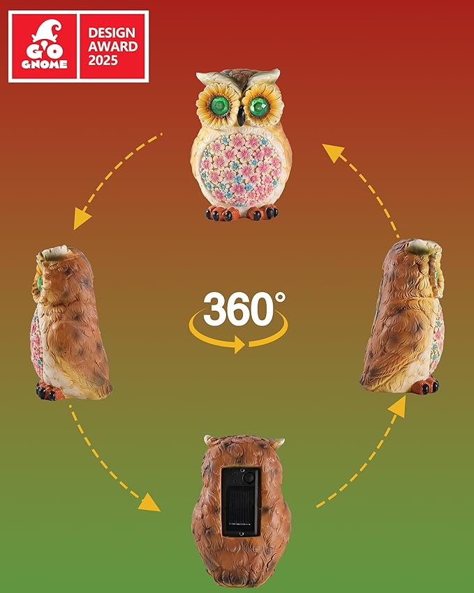 GoGnome Hand-Painted Resin Owl Figurine with Glow-in-The-Dark Eyes, Solar-Powered Garden Decor 5.5'' Lawn Ornaments Statue Gardening Gifts for Outside Yard Art Patio (Owl)