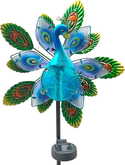 Peacock Wind Spinner Garden Decor, Solar Lighted Pathway Stake Yard Art Spinners, Wind Sculptures Garden Landscape Lights Decorations, Solar Powered Path Lights Kinetic Metal Wind Catcher for Outside