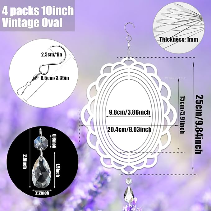 4Pack 10inch Sublimation Wind Spinner Blanks 3D Aluminum Metal Wind Sculpture Kinetic Spinners for Yard and Garden Indoor Art Ornaments Hanging Decoration (Vintage Oval)
