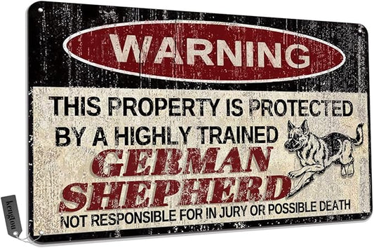 Vintage German Shepherd Metal Sign Warning This Property is Protected by Highly Trained German Shepherd Yard Sign Outdoor Home Wall Decor 12x8Inch