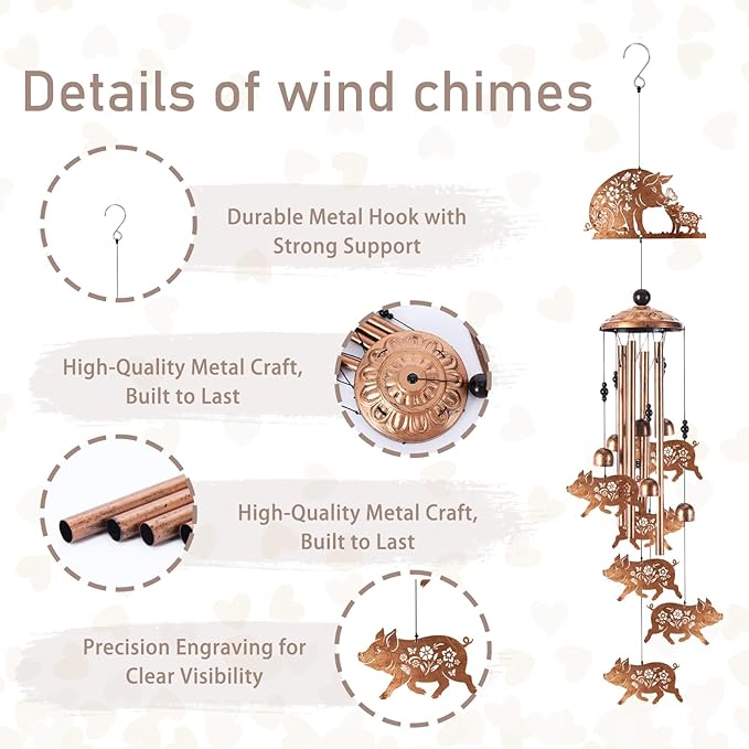 Wind Chimes for Outside, Pig Gifts for Women Men, Memorial Wind Chimes with 4 Aluminum Tubes, Farmhouse Decor for Garden Patio Porch, Includes Card & Box