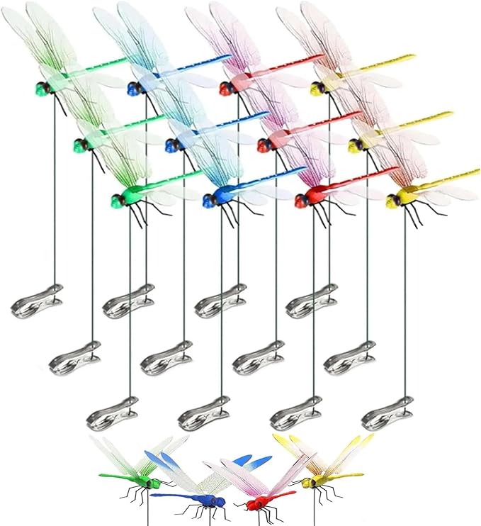 Upgrade 3D Simulation Fake Dragonfly Hat Clip to Keep Insects Away, 2026 New Plastic Dragonfly Garden Hummingbird Stakes with Sticks, Metal Garden Stakes Decorative Yard Ornaments Hat Golf Moving (12)