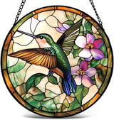 Stained Glass Window Hanging - Green Hummingbirds and Purple Flowers 6.3 Inches Suncatcher for Garden Home Decor for Women Mon Grandma Friends