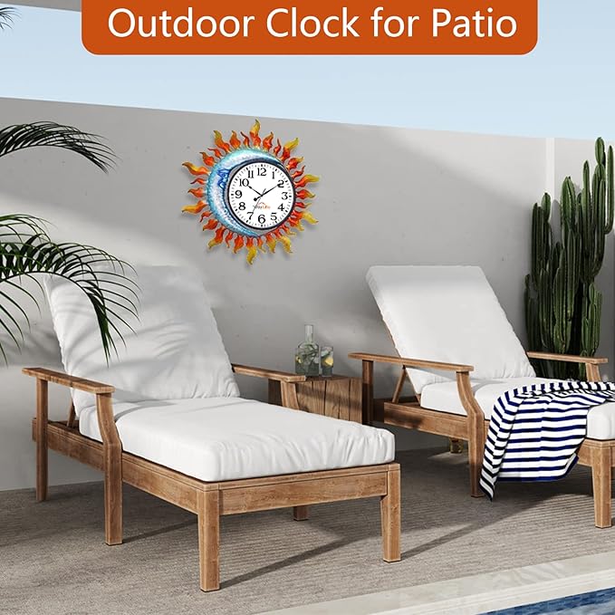 Outdoor Clock，Sun-Moon Outdoor Wall Clock Silent Non-Ticking，Indoor Outdoor Clock for Patio, Living Room,Home Decor