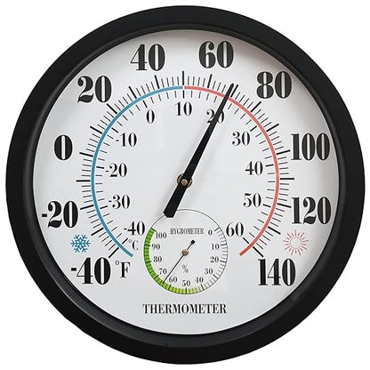 Indoor Outdoor Thermometer Large Numbers 12 Inch Wall Weather Thermometer Hanging Garden Decor Hygrometer No Battery Needed (Black)