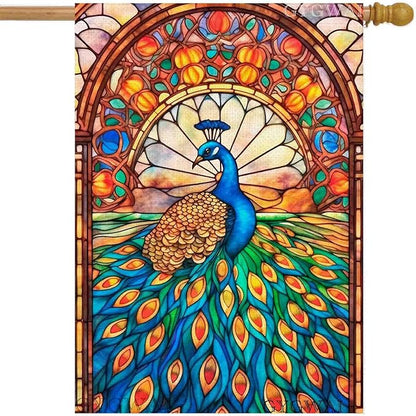Stained Glass Peacock Spring House Flag 28x40 Inch Double Sided Large Burlap Yard Flag for Spring Summer Outdoor Outside Seasonal Decor