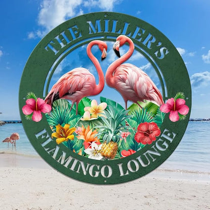 MeMate Flamingo Metal Sign, Outdoor Décor for Backyard, Patio, Pool, Kitchen, Lounge, Personalized Name Outdoor Sign, Pink Metal Sign Housewarming Gift for Family Friend