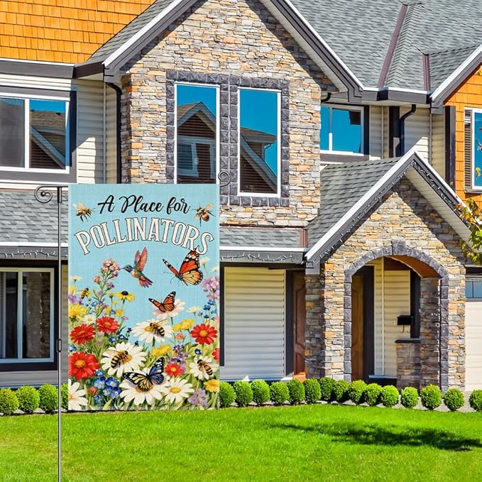 Perfectinsoy A Place for Pollinators Garden Flag, Pollinator Friendly Garden Sign, Hummingbird Wildflower Butterfly Bee Sign, Gardeners Bee Keepers Gifts, Welcome Yard Farmhouse Spring Outdoors Decor