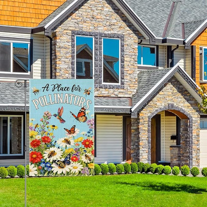 Perfectinsoy A Place for Pollinators Garden Flag, Pollinator Friendly Garden Sign, Hummingbird Wildflower Butterfly Bee Sign, Gardeners Bee Keepers Gifts, Welcome Yard Farmhouse Spring Outdoors Decor
