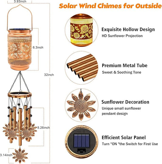 Sunflower Solar Wind Chimes for Outside, Gifts for Mothers Day Mom Women Grandma Birthday Memorial Teacher, 32" Windchimes Outdoor Decor Hanging Solar Lantern for Garden Porch Patio Backyard
