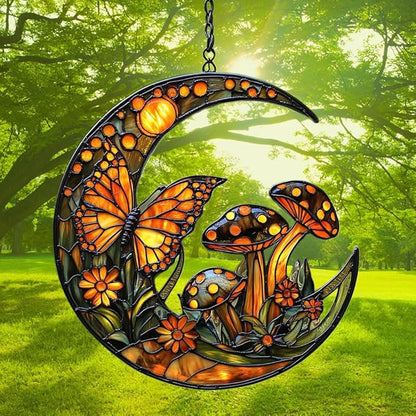 Cresent Forest Butterfly Acrylic Suncatcher Stained Glass Effect Window Car Hanging Christmas Ornament Indoor Outdoor Decor Garden Sun Catcher Panel for Boho Lover for Women Mom Grandma