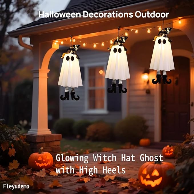 3 Pack Halloween Hanging Ghosts,Halloween Decorations Outdoor,19 inch Light Up Hanging Ghost with Witch Hat for Yard Patio Garden Tree