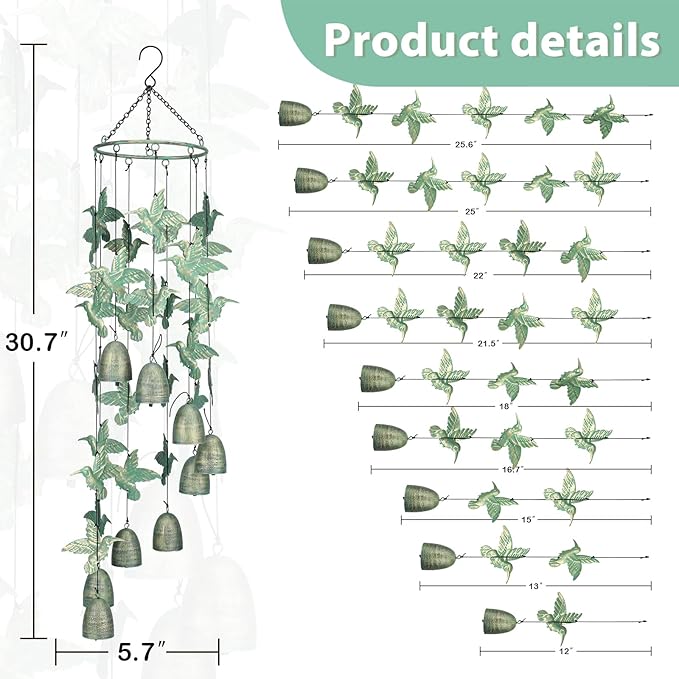 Taman Wind Chime - 30" Hummingbird Metal Wind Chimes Valentine's Day Gift for Outside Memorial Sympathy Gift for Home, Outdoor, Yard, Patio,Garden Decor