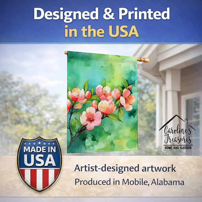 Caroline's Treasures Delaware Peach Blossom in Watercolor House Flag Large Porch Sleeve Pole Decorative Outside Yard Banner Artwork Wall Hanging, Polyester, House Size, Multicolor