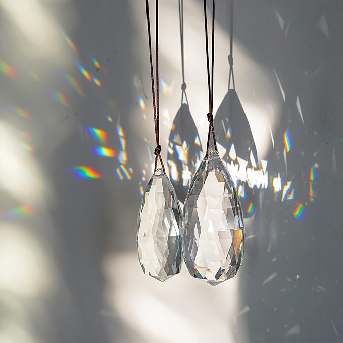 Set 2 Crystal Prism Clear Faceted Glass Olive Prisms Chandelier Crystal Hanging Ornaments for Christmas Tree DIY Suncatcher Pendants Rainbow Maker (76mm,89mm)