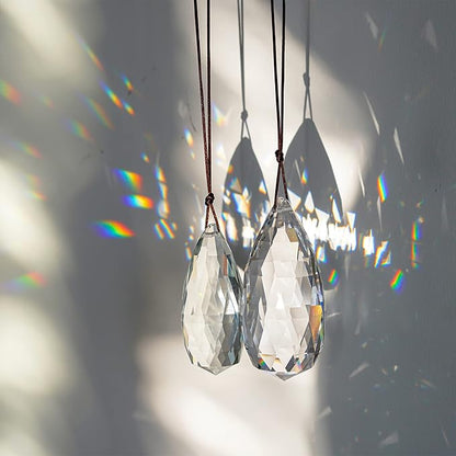 Set 2 Crystal Prism Clear Faceted Glass Olive Prisms Chandelier Crystal Hanging Ornaments for Christmas Tree DIY Suncatcher Pendants Rainbow Maker (76mm,89mm)