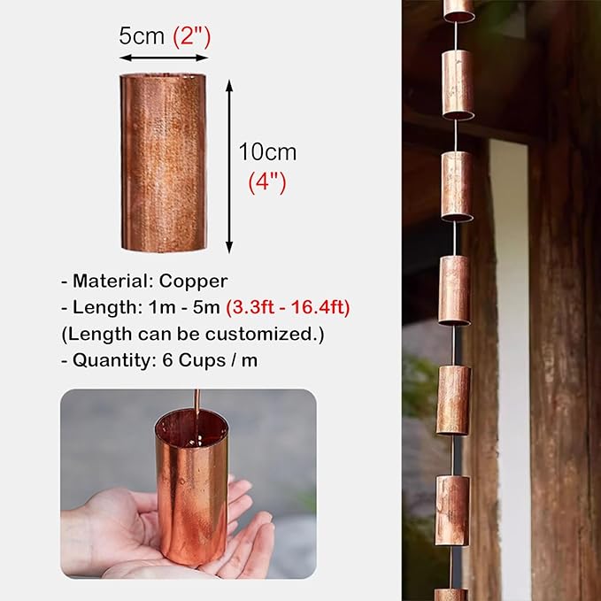 Copper Rain Gutter Chains for Eaves Drainage, Outside Rain Chimes Rainwater Collector, Garden Ornament Rain Chains Downspouts, 6 Cups/M,Copper-28m (92ft)