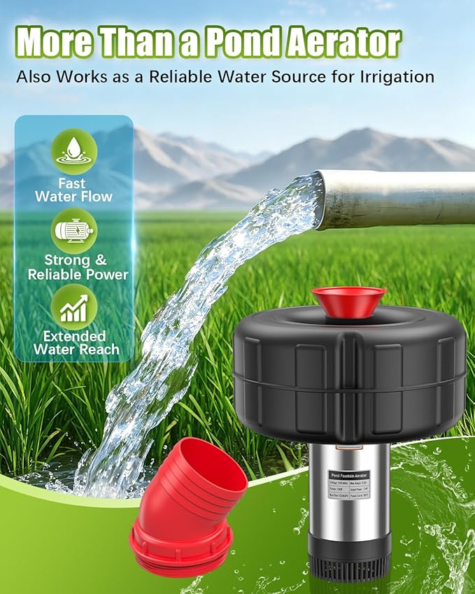 Pond Fountain Pump for Outdoor Pond – 1HP 750W 15000 GPH Submersible, 360° Circulation & Oxygenation, Dual Spray, Garden, Backyard, Fish Pond, Irrigation