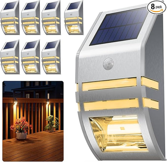 8 Pack Solar Stainless Steel Fence Lights Outdoor Waterproof Motion Sensor Wall Sconce for Backyard Post, Deck, Porch, Stair Rail, Dock, Gate, Walkway, Steps, Patio, Garden, Ambiance Warm Lighting