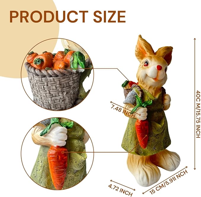 Garden Bunny Statue, Resin Rabbit Figurine Holding Carrot, Easter Outdoor Yard and Lawn Decoration, 7 x 7 x 15 Inch, Multicolor, Resin（D）