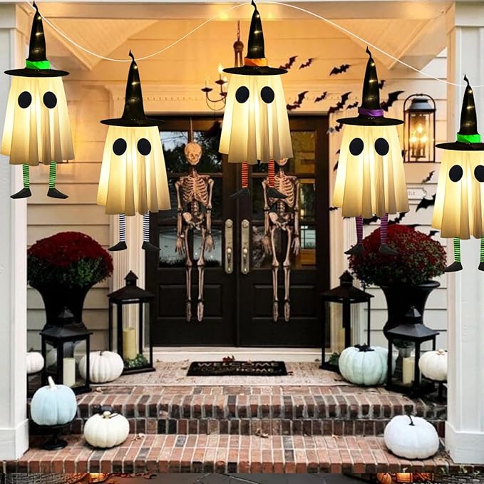 Set of 4 Halloween Hanging Ghosts, Halloween Decorations Outdoor Hanging Ghosts with Witch Hat,Glowing Ghost Witch Hat Lights, Light up Ghost Decor for Yard Patio Garden Tree Outside(4 Ghost Lighted)