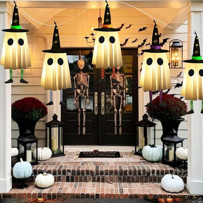 Set of 4 Halloween Hanging Ghosts, Halloween Decorations Outdoor Hanging Ghosts with Witch Hat,Glowing Ghost Witch Hat Lights, Light up Ghost Decor for Yard Patio Garden Tree Outside(4 Ghost Lighted)