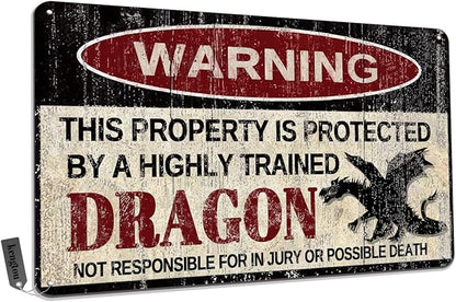 Vintage Dragon Metal Sign Warning This Property is Protected by Highly Trained Dragon Yard Sign Outdoor Home Wall Decor 12x8Inch