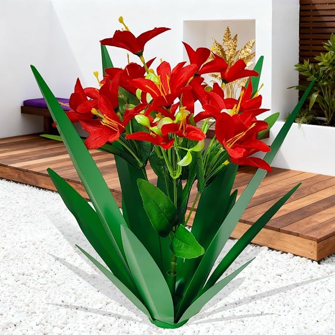 DDQ Metal Agave Plant Outdoor Decor with Artificial Flowers, Mexican Style Garden Sculpture, Waterproof Yard Art for Patio Lawn, Multiple Flower Options (Green Agave + Sunflower/Red/Yellow/Purple)