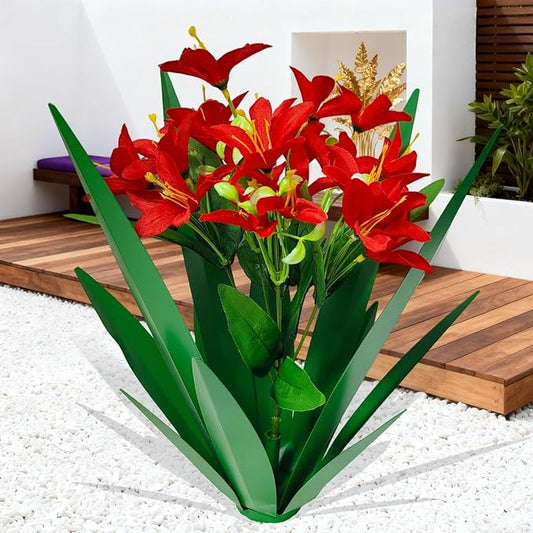 DDQ Metal Agave Plant Outdoor Decor with Artificial Flowers, Mexican Style Garden Sculpture, Waterproof Yard Art for Patio Lawn, Multiple Flower Options (Green Agave + Sunflower/Red/Yellow/Purple)