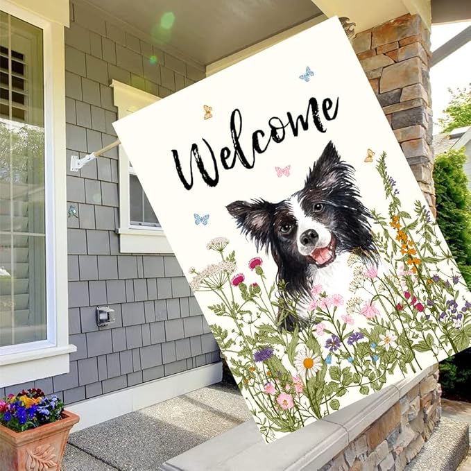 Floral Border Collie Garden Flag Spring Summer House Flags 28 x 40 Double Sided Flower Dog Yard Flags for Outside Large Outdoor Welcome Flags