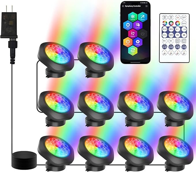 RGB Underwater Pond Lights,Super Bright 18 LED Submersible Fountain Lights, Bluetooth APP Control IP68 Waterproof Color Changing Spotlights for Fish Aquarium Tank Yard Garden Pool(Set of 10)