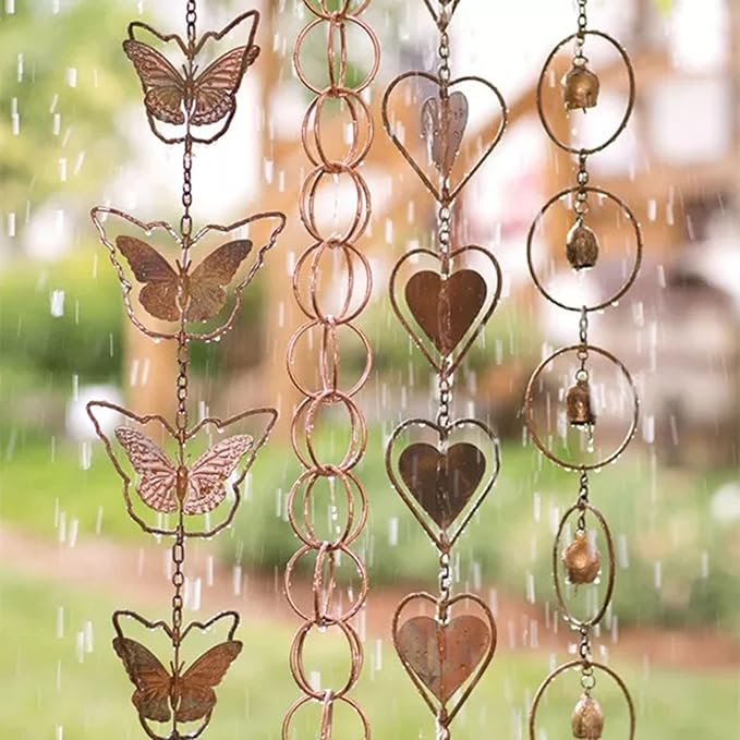 Hanging Rain Chains, Creative Kettle/Heart/Butterfly/Ring/Bell Style Link Rain Chain with Metal Chains for for Office Window Stone Wall Decorative Wall Art Ornaments (Heart Style)